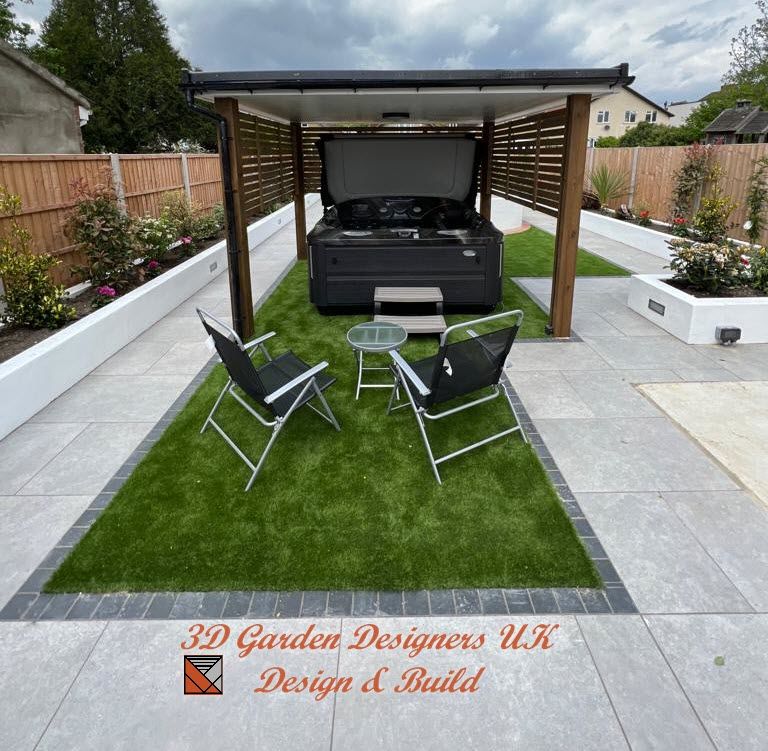 A 3d garden designers uk design and build patio with a hot tub