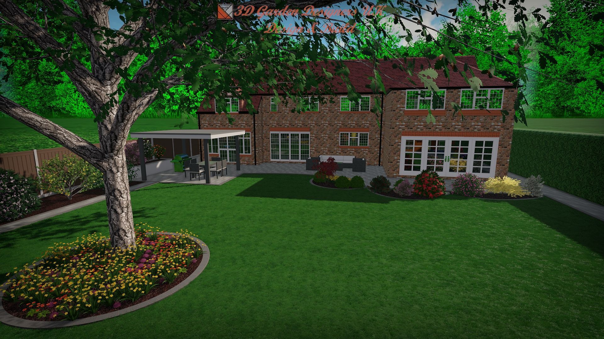 A rendering of a brick house with a large green lawn, a tree with a flower bed, and a patio area with a pergola.