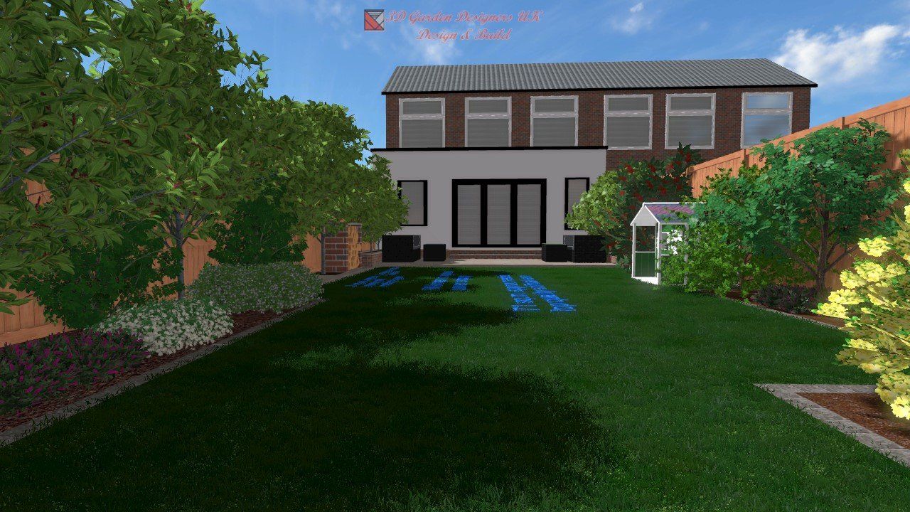 A computer generated image of a house with a large lawn in front of it.