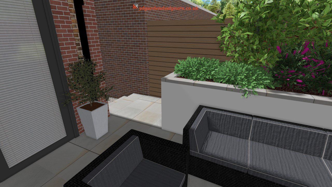 A 3d rendering of a patio with a couch , chair , table and potted plants.