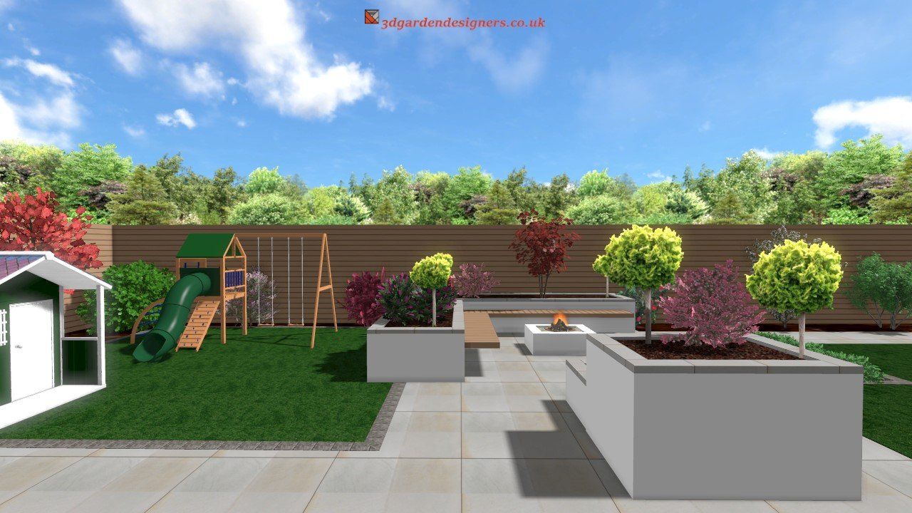 A 3d rendering of a backyard with a playground and a shed.