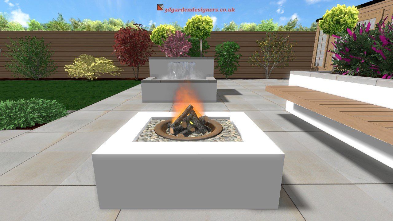 A computer generated image of a fire pit in a garden