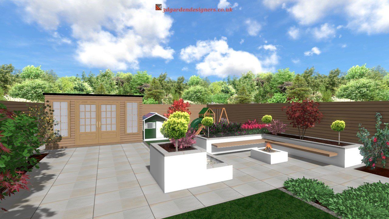 A computer generated image of a backyard with a wooden building and a fence.