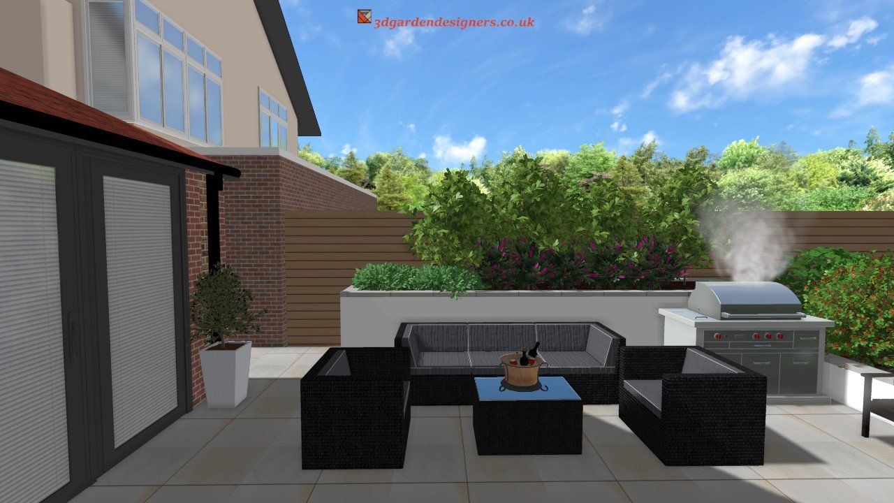A computer generated image of a patio with furniture and a grill