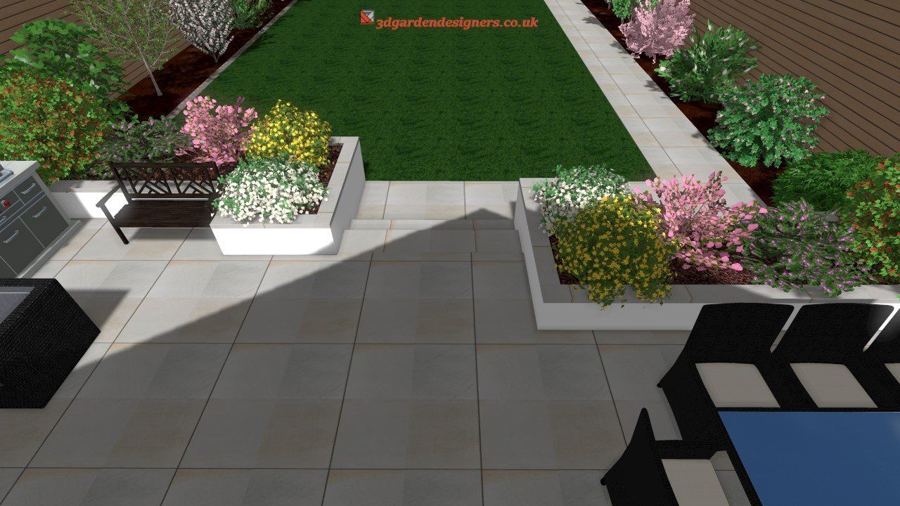A computer generated image of a garden with a table and chairs