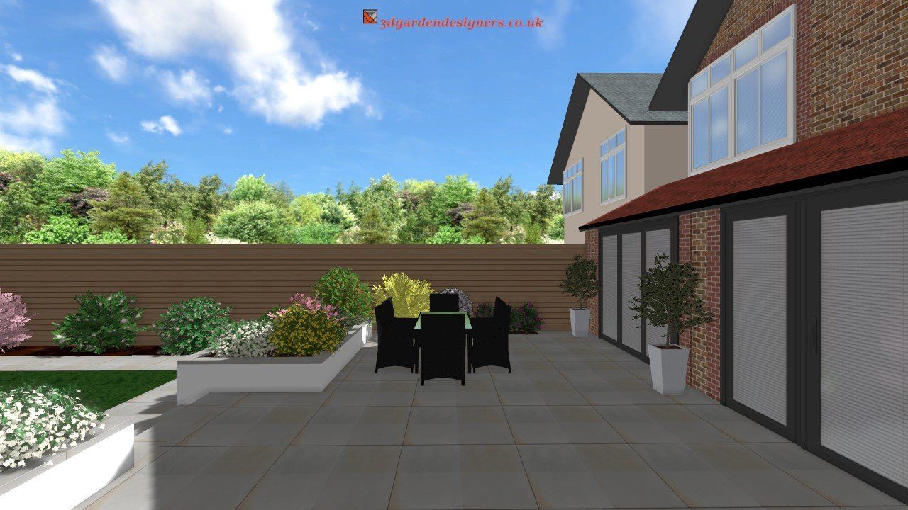 A computer generated image of a patio with a table and chairs