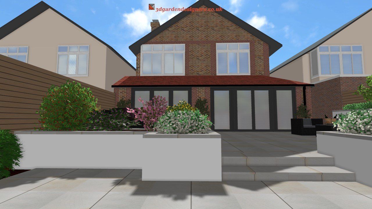 A computer generated image of a house with a red roof