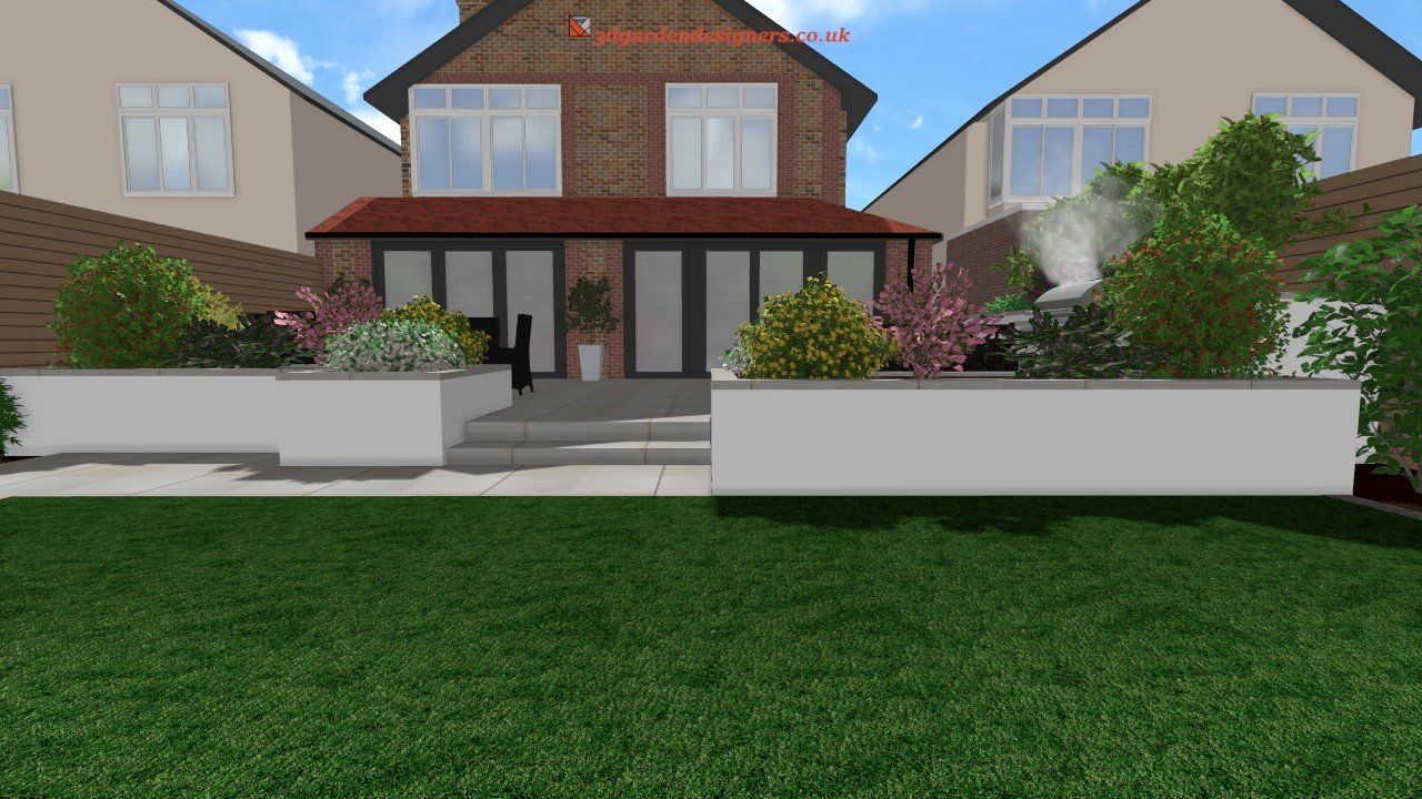 A computer generated image of a house with a large lawn in front of it.