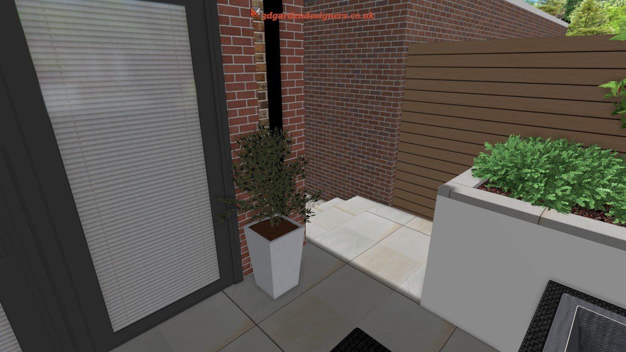 A 3d rendering of a patio with a potted plant and a brick wall.