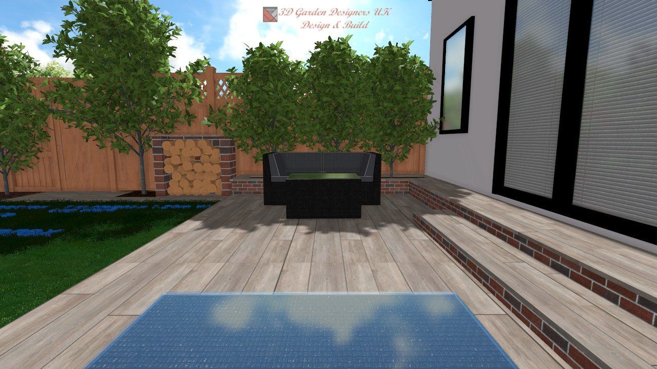 A computer generated image of a backyard with a couch and table