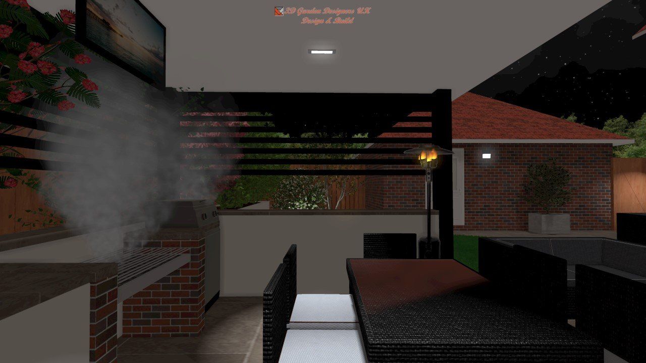 A computer generated image of a room with a table and chairs