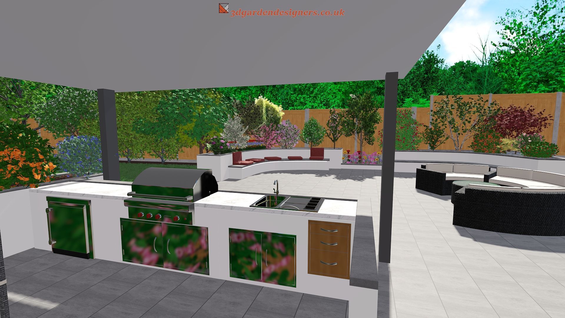Outdoor kitchen with grill, sink, and cabinets, under a shade structure, with lush landscaping.