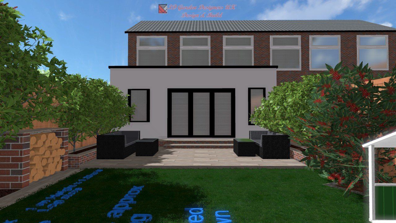 A computer generated image of a house with a greenhouse in the backyard.