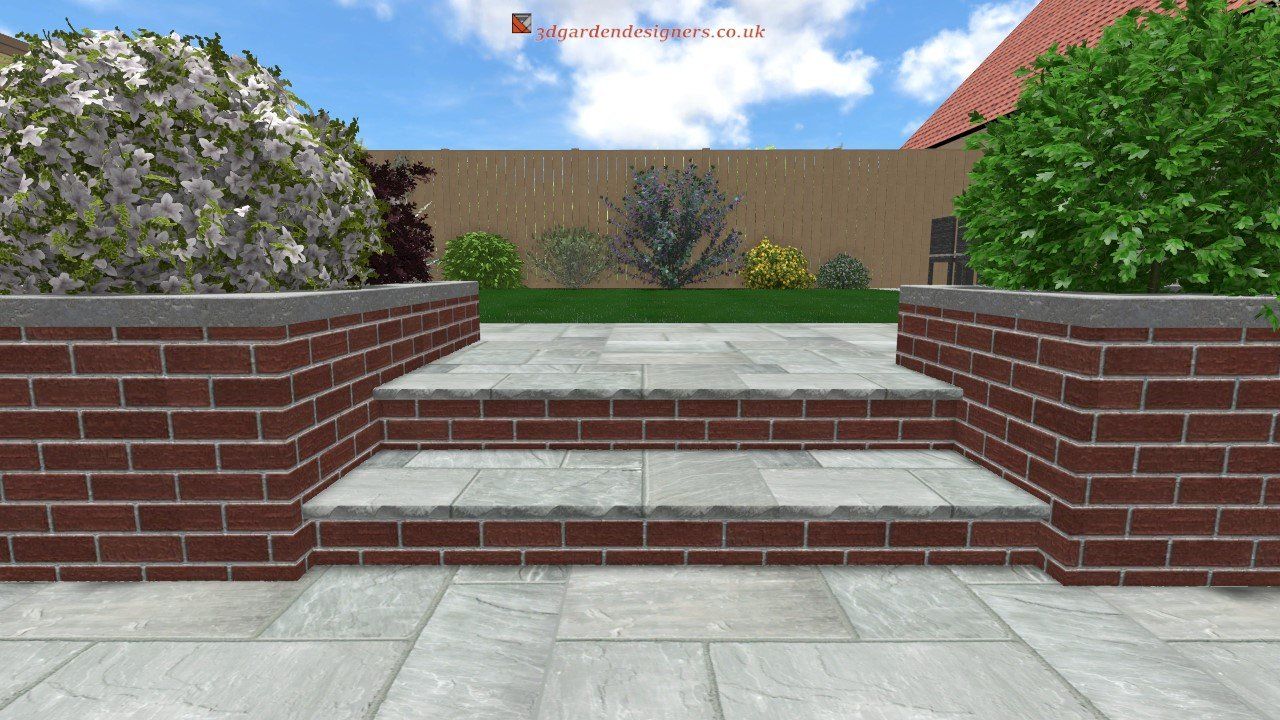 A computer generated image of a brick wall and steps