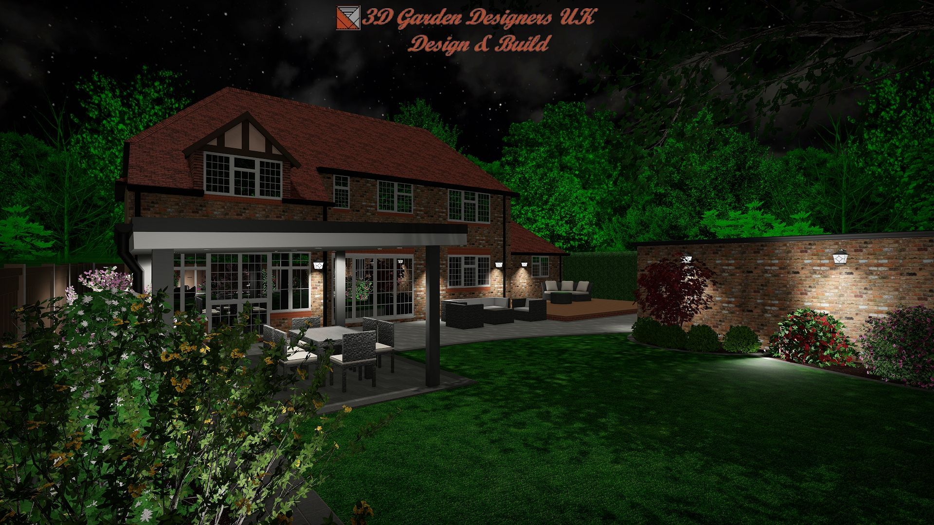 Nighttime view of a house with a lit patio and garden, illuminated by warm lights.
