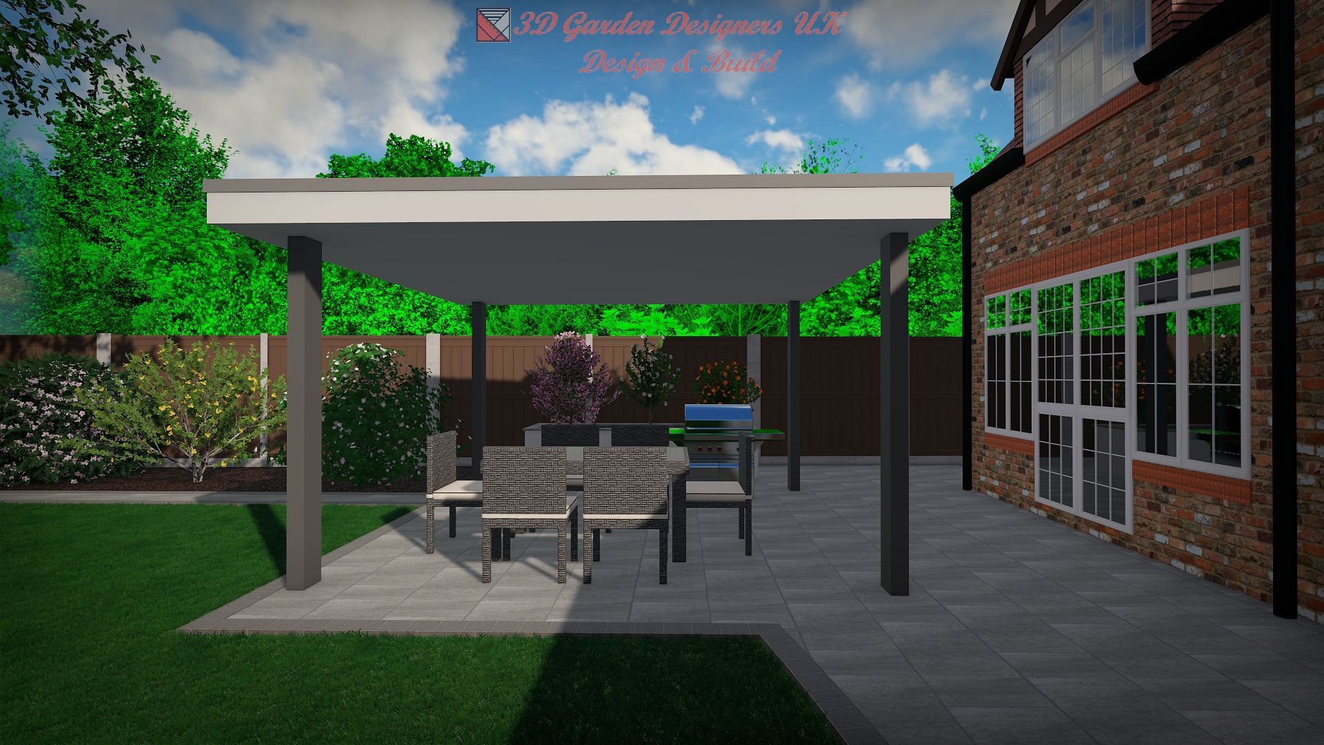 A 3D design of a patio featuring a modern covered pergola, outdoor furniture, and brick house siding in a backyard.