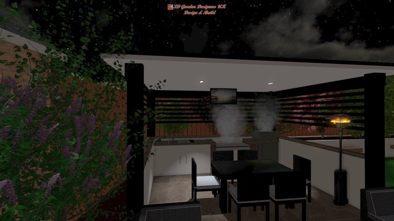A computer generated image of a dining room with a table and chairs at night.