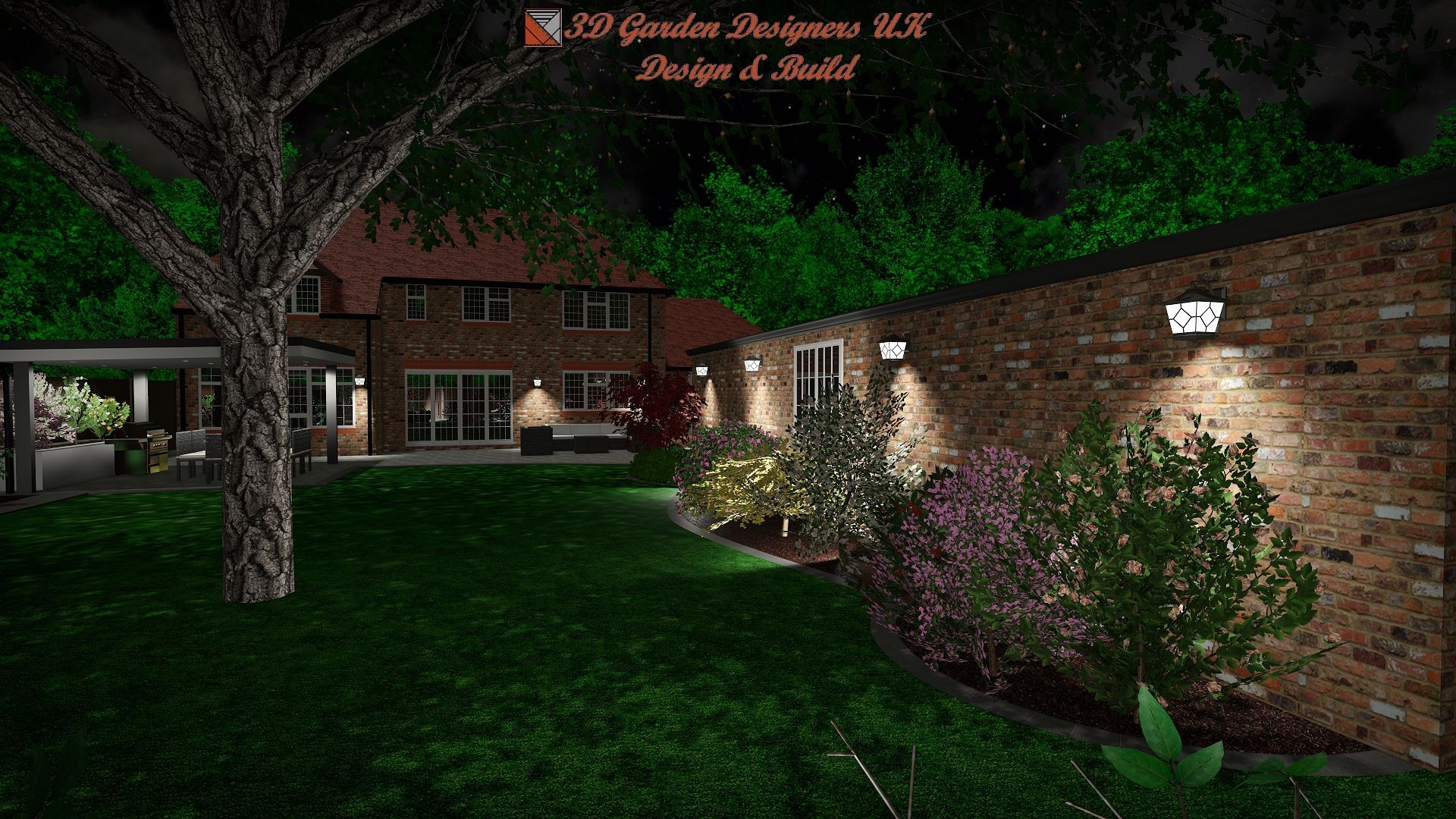 Nighttime garden view: Brick home, patio, lit landscaping, and a large tree in the foreground.