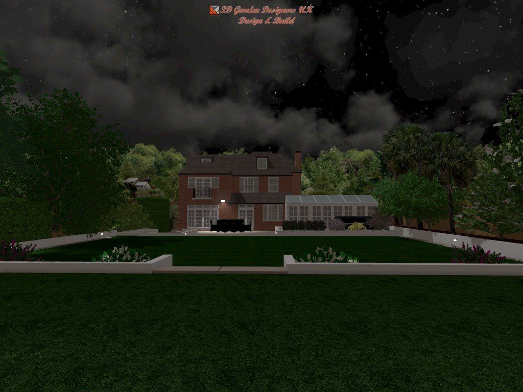 A computer generated image of a house at night