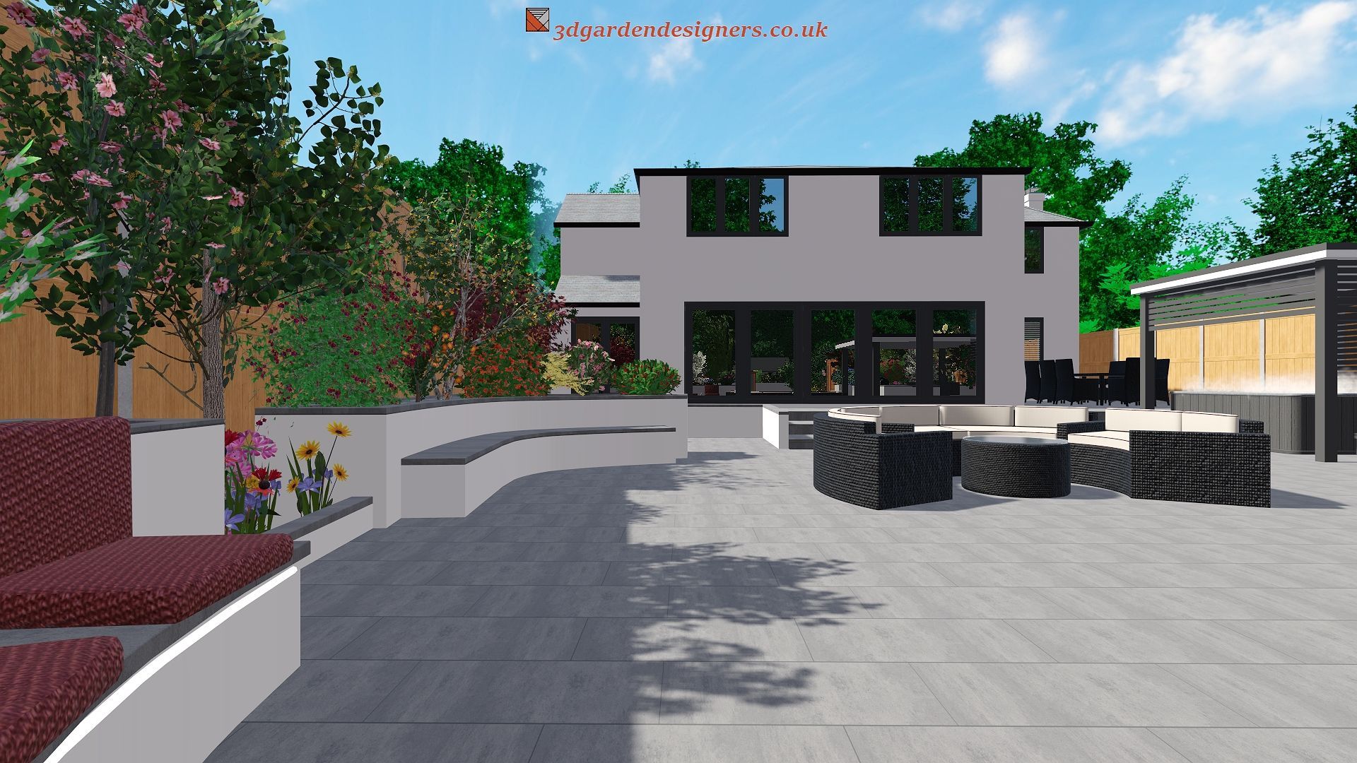 Modern backyard patio with seating, garden beds, and a contemporary house.