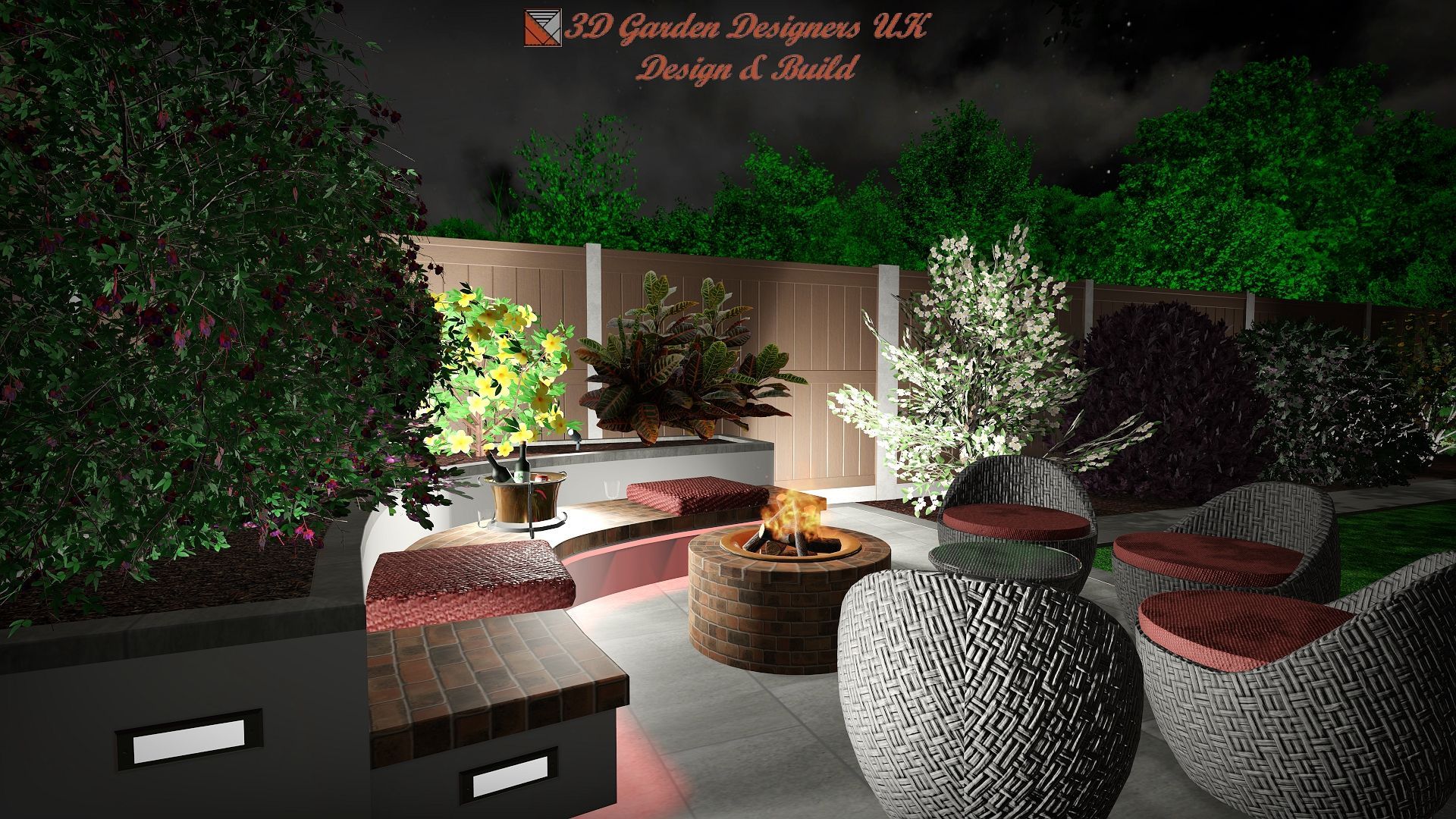 Nighttime rendering of a backyard patio with a fire pit, seating, and lush greenery.