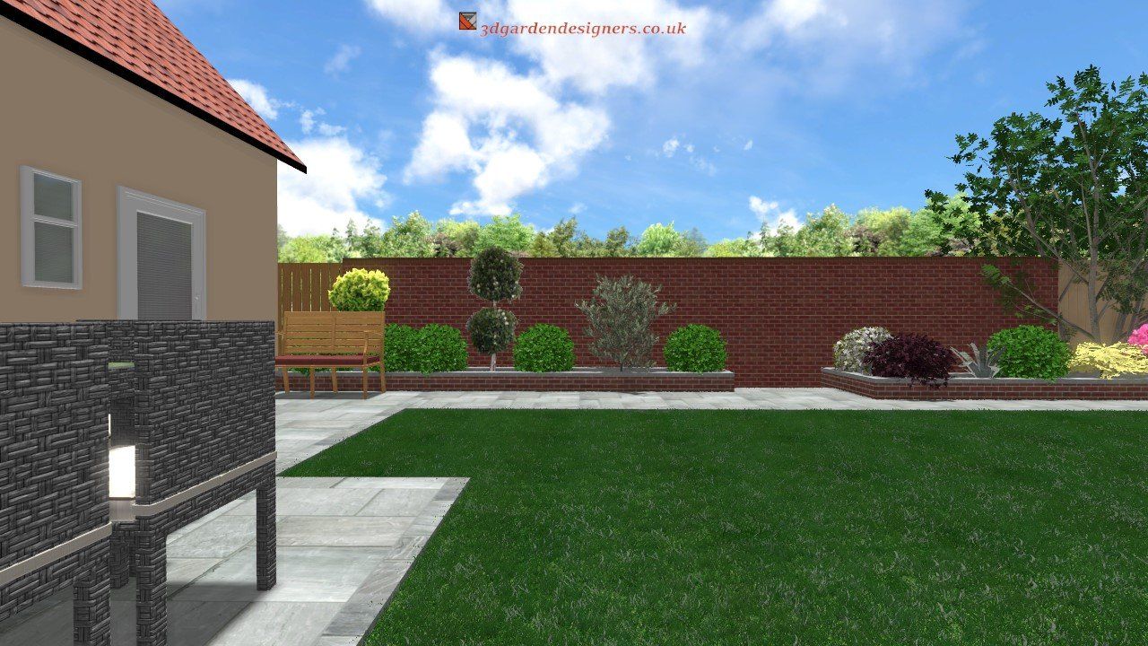 A computer generated image of a backyard with a house in the background