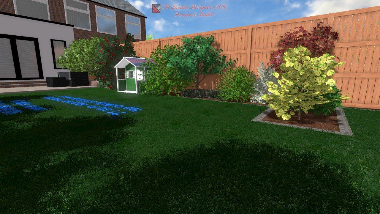 A 3d rendering of a backyard with a playhouse and a fence.