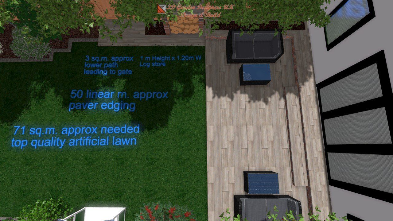 An aerial view of a lawn with a building in the background