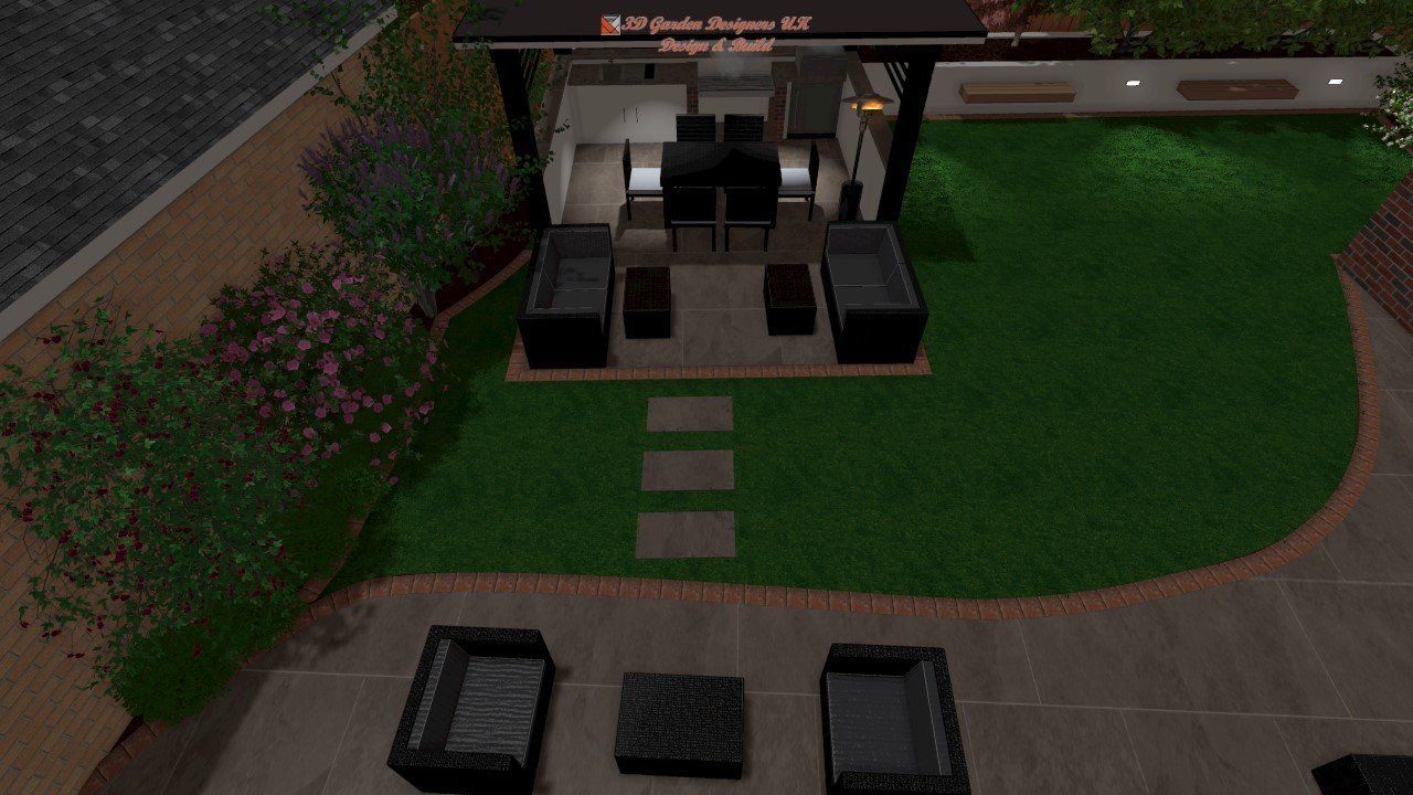 An aerial view of a backyard with a gazebo and patio furniture