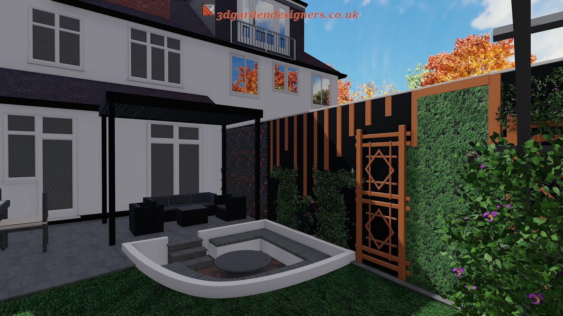 A computer generated image of a house with a patio and a pool in the backyard.