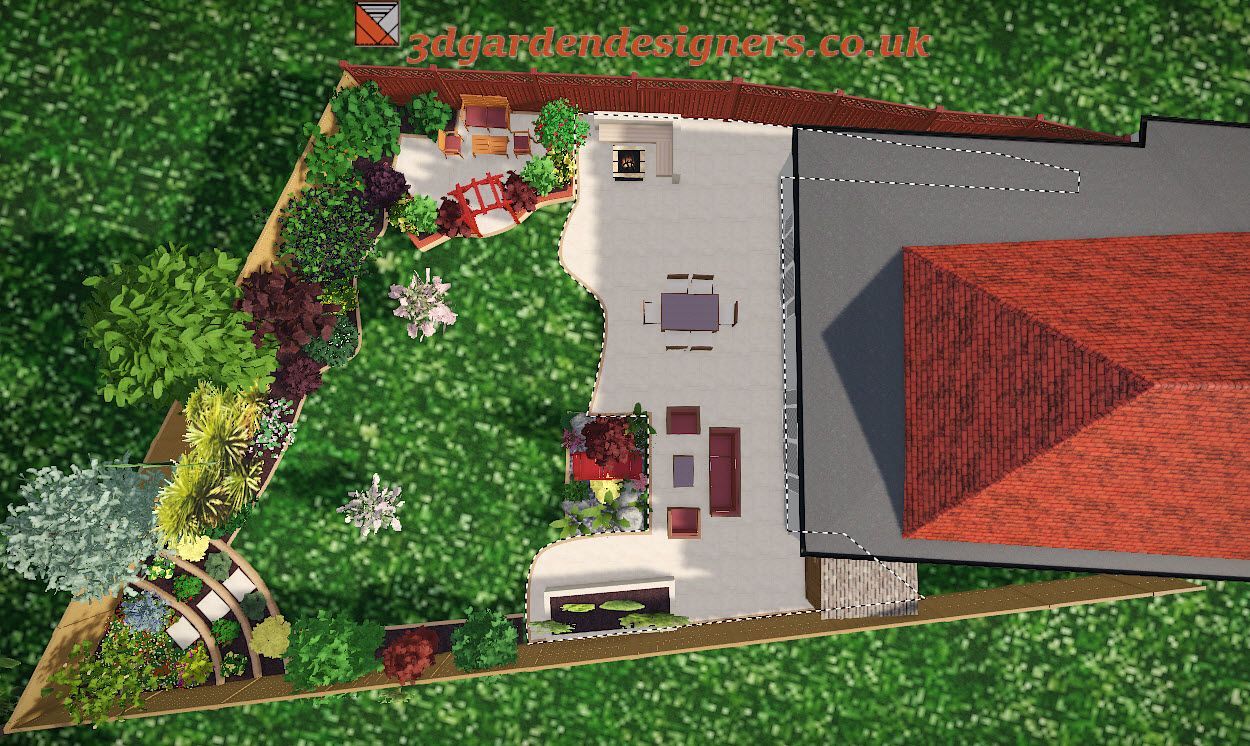 Overhead view of a landscaped backyard with patio, seating areas, lawn, and plantings.