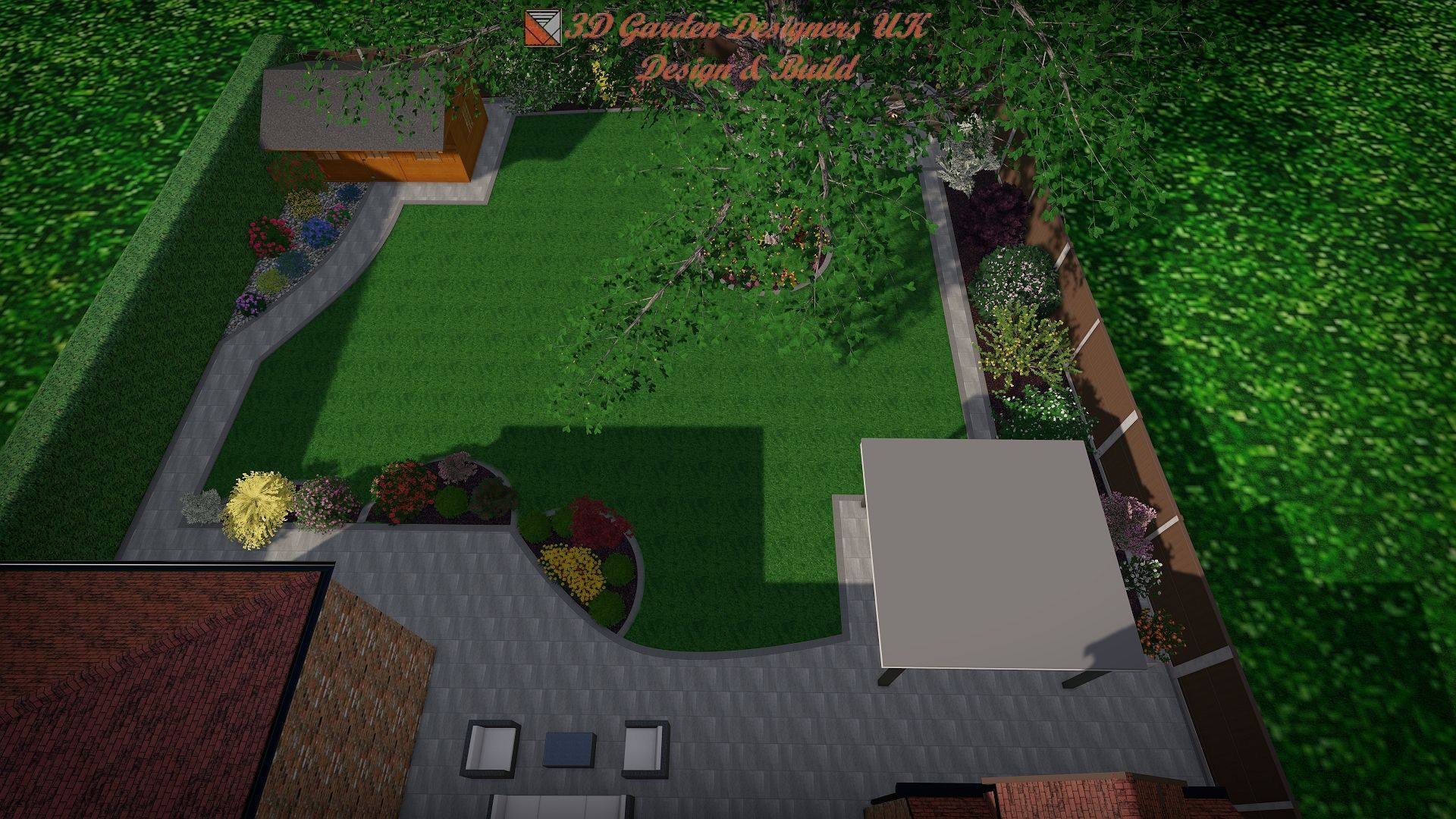 A 3D aerial render of a landscaped backyard with a patio, central lawn, garden beds, and a detached shed.