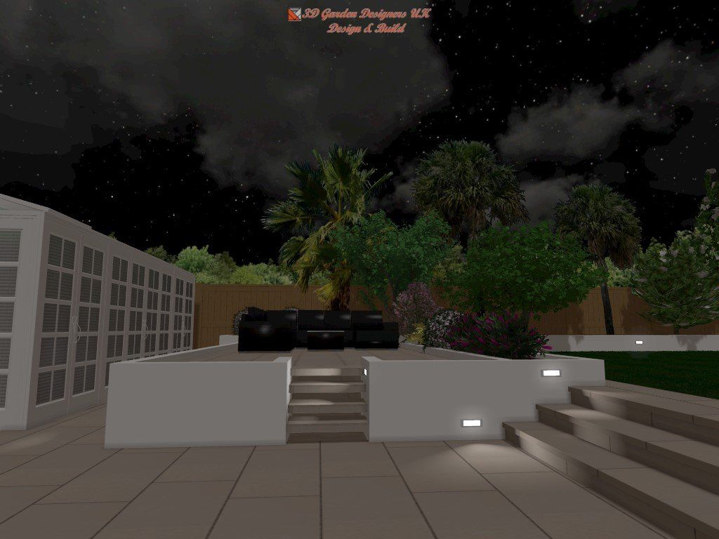 A computer generated image of a garden at night