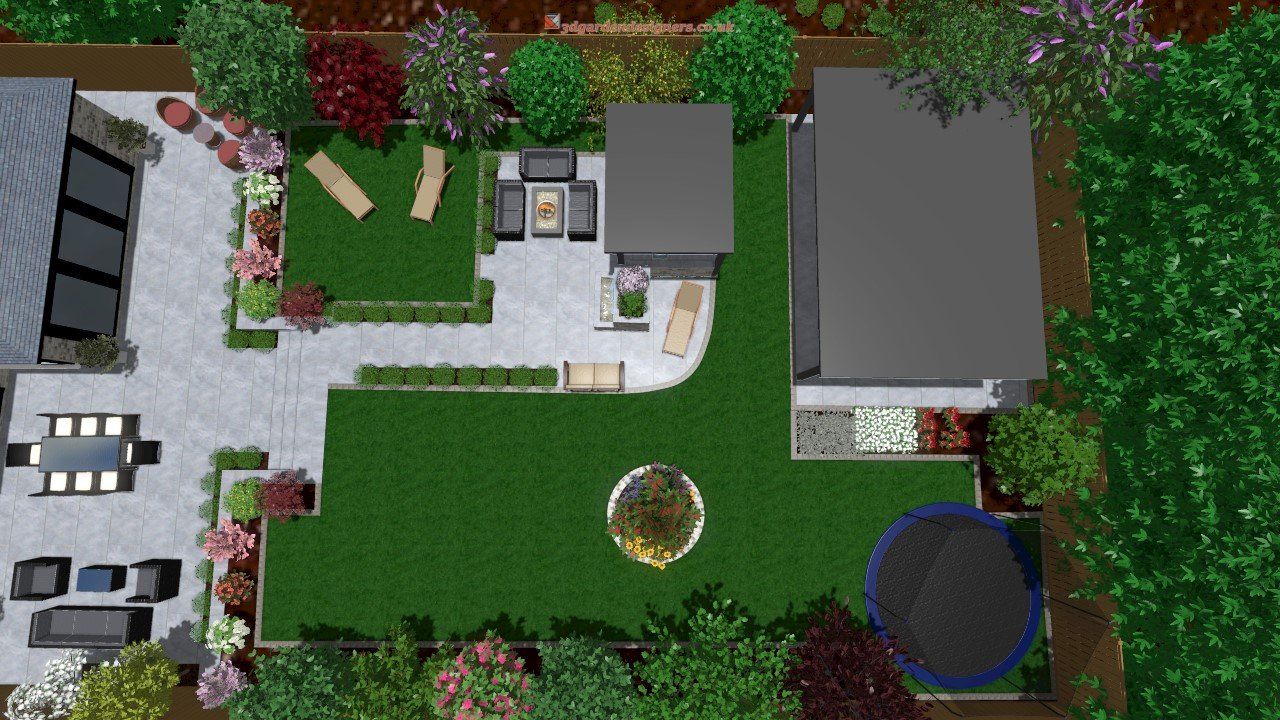 An aerial view of a garden with a trampoline in the middle