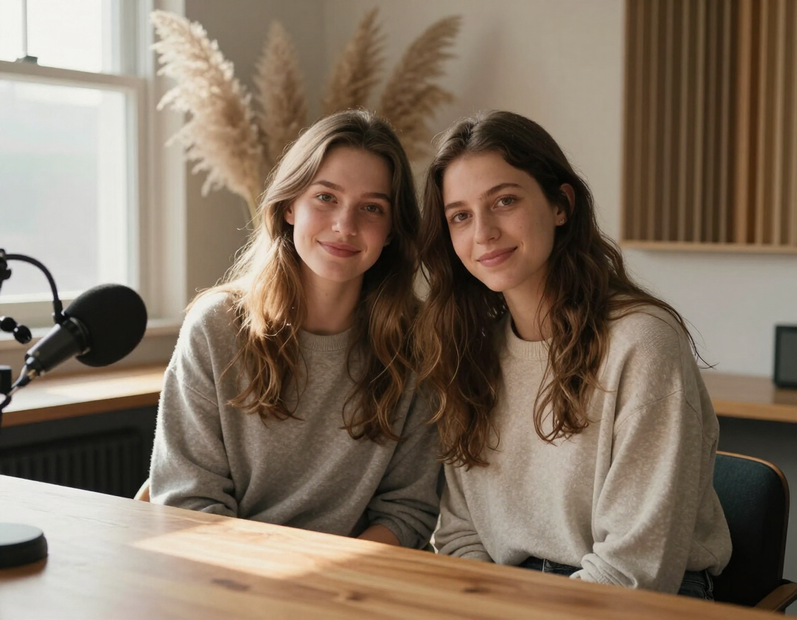 Bryanna and Liberty seated together in their podcast room