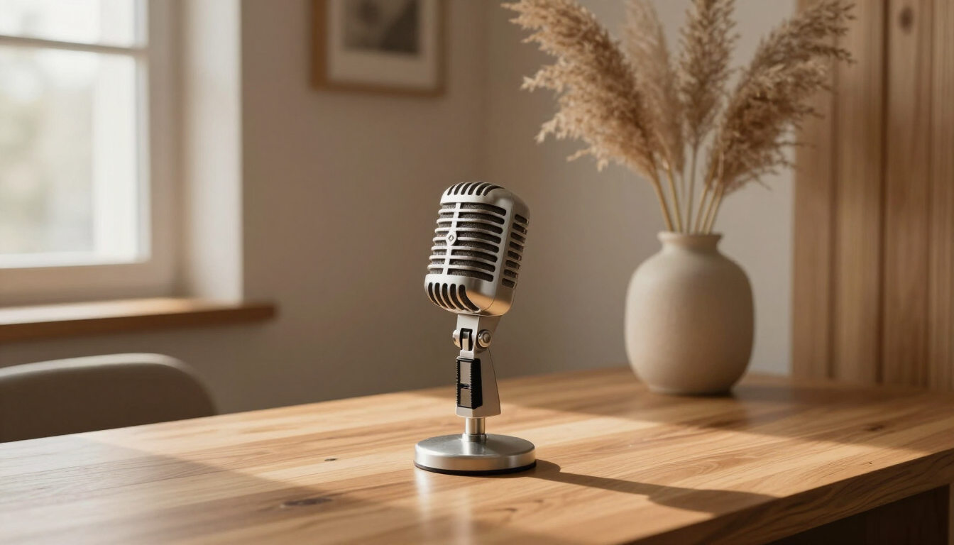Featured episode artwork — warm podcast studio