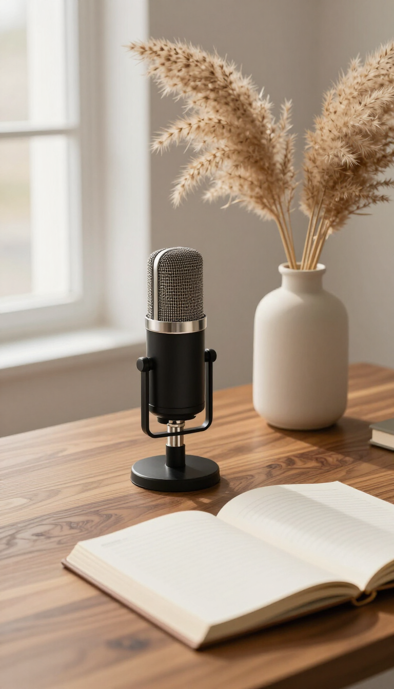 Podcast microphone on a warm walnut desk with pampas grass and soft window light