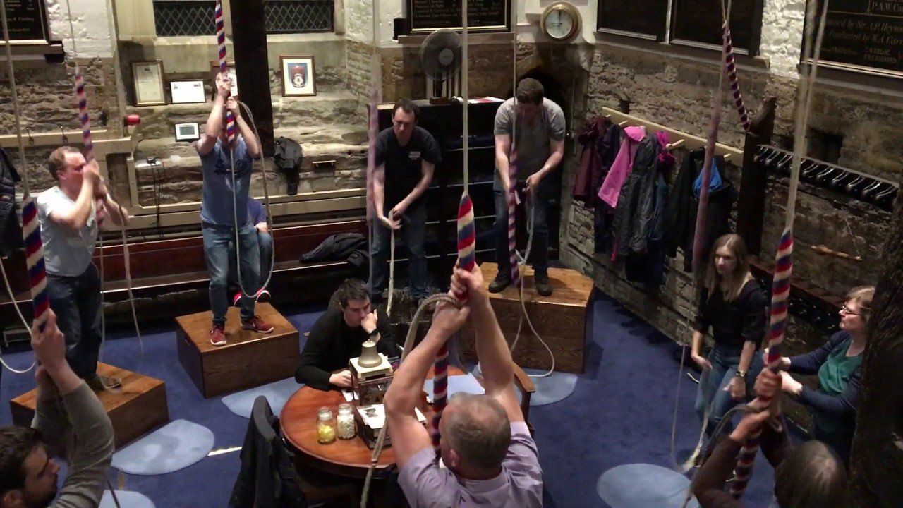 St Mary Redcliffe Guild of Ringers pictured ringing in the ringing chamber at the church.