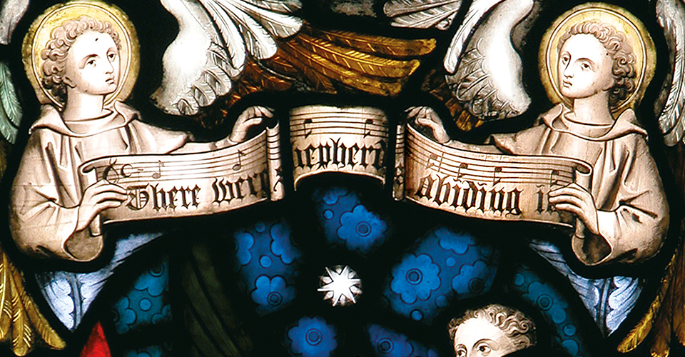 A detail showing stained glass from The Handel  Window at St Mary Redcliffe Church, Bristol