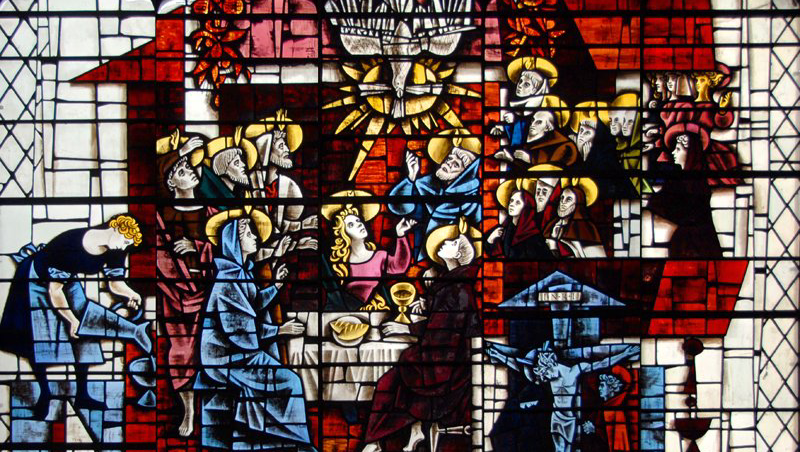Detail of the stained glass in the east window of the Lady Chapel at St Mary Redcliffe Church.