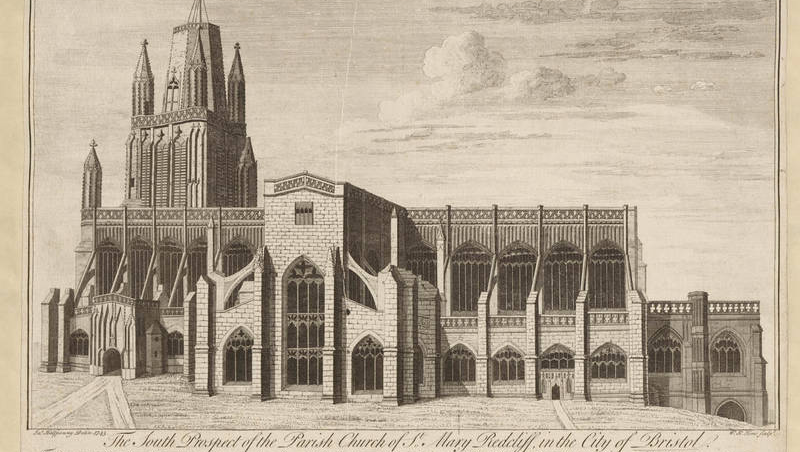 Detail of an eighteenth century view of St Mary Redcliffe Church