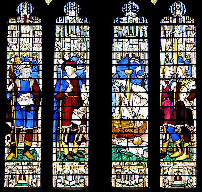 Stained glass in St Mary Redcliffe Church, depicting John Cabot and The Matthew