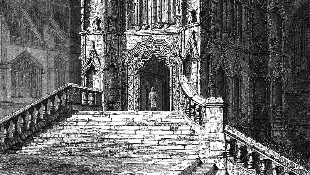 Detail of an etching of the North Porch at St Mary Redcliffe, from John Britton's guide