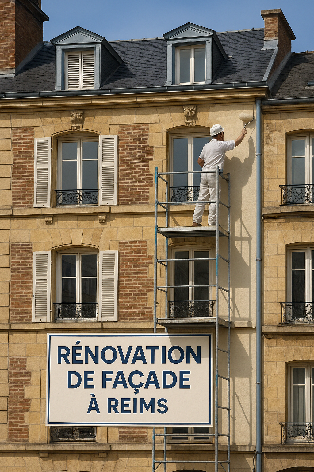Un homme peint un bâtiment avec une pancarte indiquant rénovation de façade à Reims