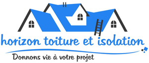 Un logo bleu et blanc pour horizon toiture et isolation
