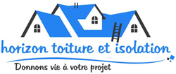 Un logo bleu et blanc pour horizon toiture et isolation