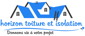 Un logo bleu et blanc pour horizon toiture et isolation