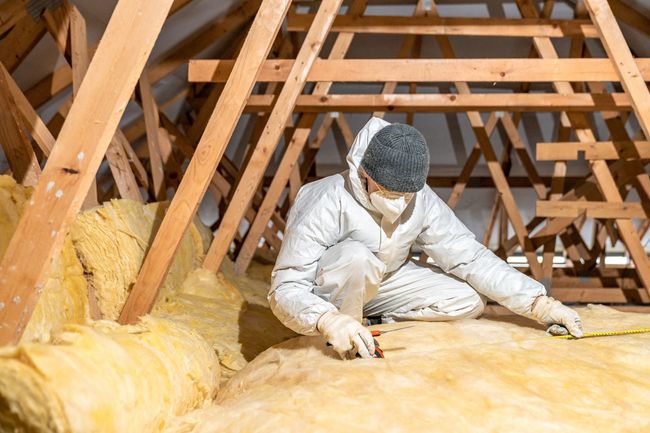 Un homme mesure un morceau d'isolant dans un grenier.