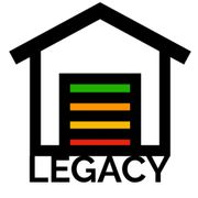 Black house outline with a colorful garage door. "LEGACY" below.