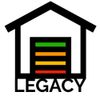 Black house outline with a colorful garage door. "LEGACY" below.